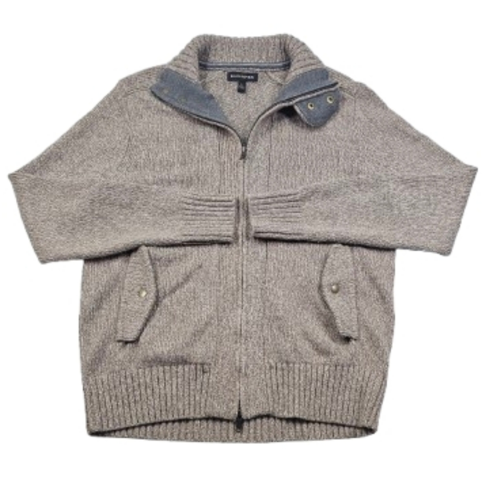 Banana Republic Lambs Wool Blend Variegated Taupe Tan Gray Knit Full Zip Sweater